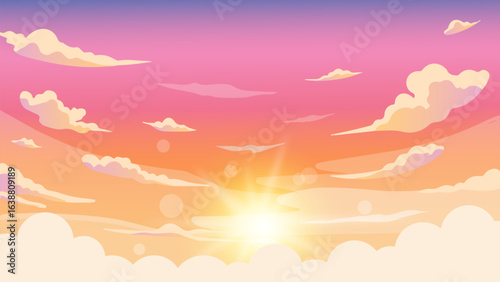 Sunset sky background. cartoon summer sunrise with pink clouds and sunshine, evening cloudy heaven