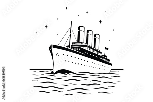 Titanic Ship Silhouette on Water with Stars Above, Nostalgic Ocean Liner Vector Illustration
