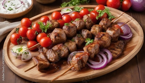 Kebabs laid flat on a wooden platter with tomatoes, red onions, and sauce, created with generative ai