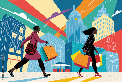 Gorgeous Shoppers Carrying Bags Bold Masterful Composition Art Elegant Refined Style Excellent for Brand Identity Development Premium Stock Photography Resource Creative Asset