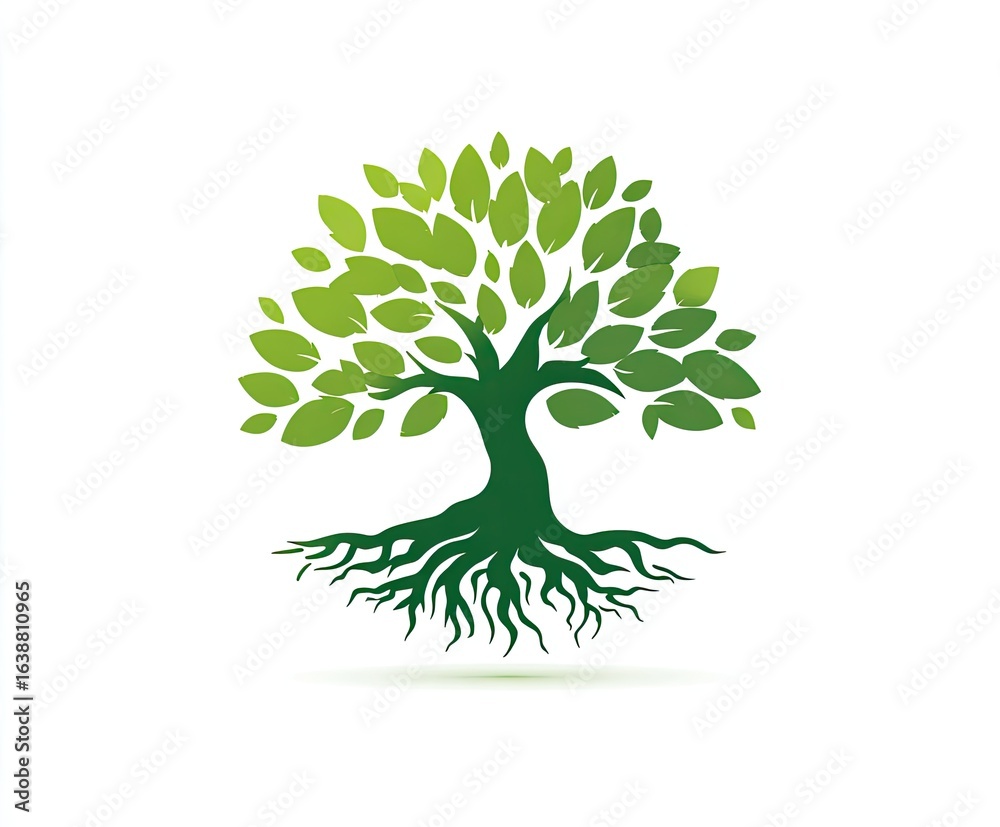 Fototapeta premium Stylized green tree graphic, lush foliage and deep roots
