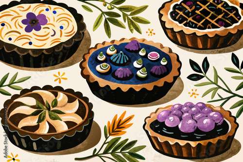 Remarkable Assorted Pies with Fruit Toppings Bold Purple and Original Concept Design Serene Peaceful Atmosphere Excellent for Visual Communication Digital Marketing Content Creation Creative Asset