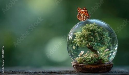 Butterfly on miniature tree in glass globe, nature background, environmental concept