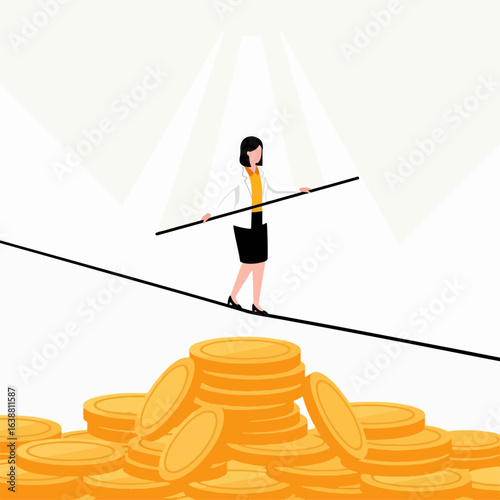 Financial Risk Balance — Businesswoman Walking Tightrope Over Coins Concept