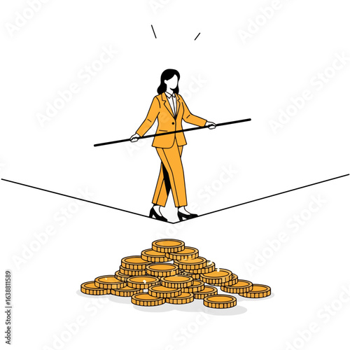 Financial Risk Balance — Businesswoman Walking Tightrope Over Coins Concept