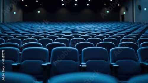 Empty movie theater with rows of blue seats and a dark background.