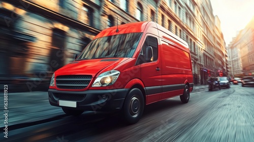 Fototapeta Naklejka Na Ścianę i Meble -  A red delivery van driving through a city street. The vehicle concept of transportation is evident. The urban setting suggests a business or delivery context.