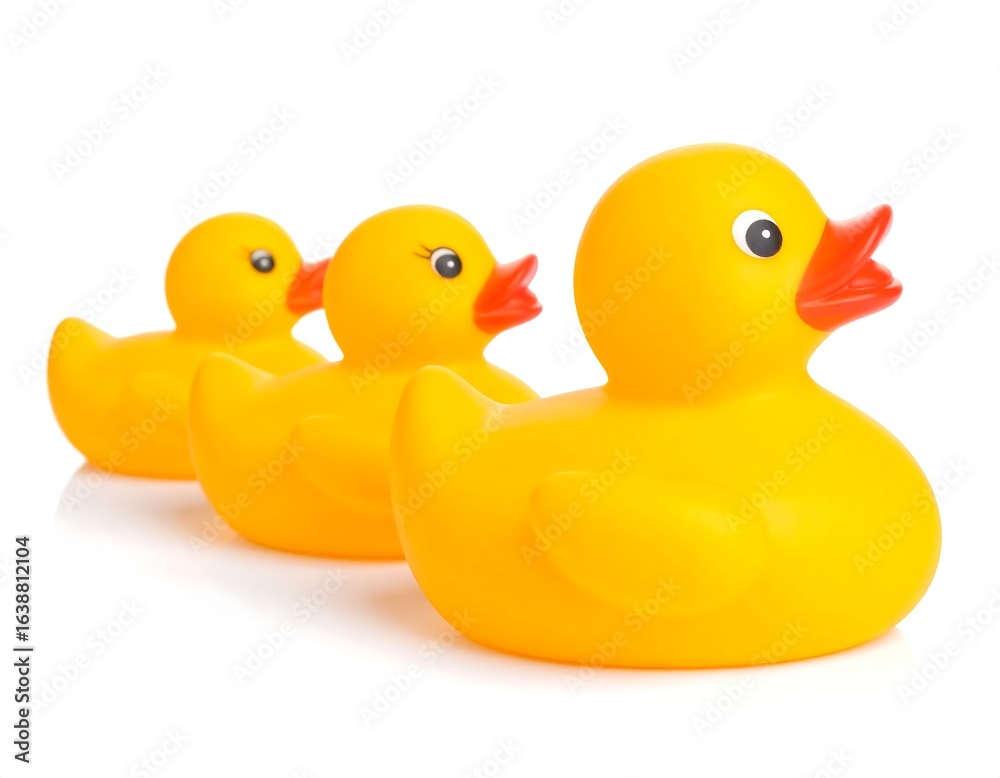 Three yellow rubber ducks in a row against a white background Three yellow rubber ducks in a row against a white background