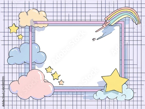 Pastel-colored frame with clouds, stars, and a rainbow, set against a grid background