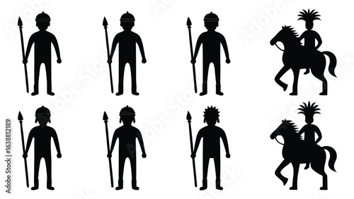Warriors with spears and horse rider silhouette soldier