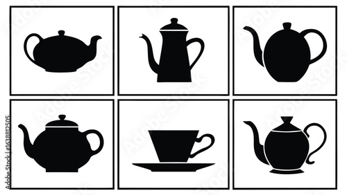 Black teapots and coffee pot silhouettes teacup saucer