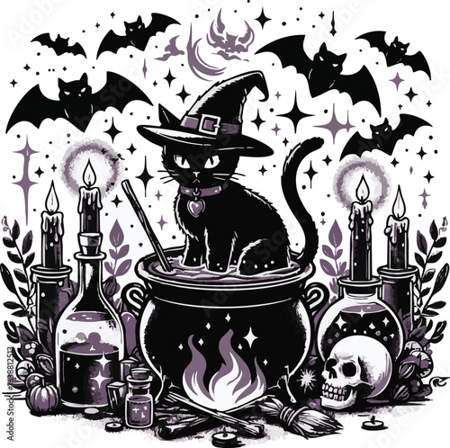 Mystical feline conjures magical brew in bubbling cauldron under a starry night perfect for halloween or fantasy themes
