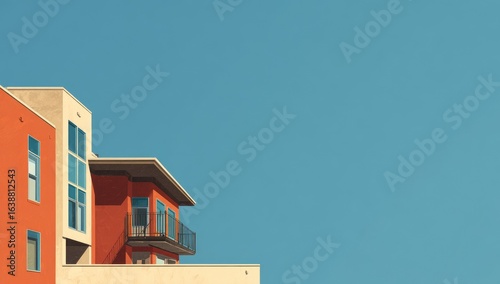 Modern apartment building against a vibrant sky