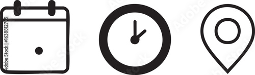 Collection of diverse icons representing time dates and geographical locations for digital interfaces and infographics