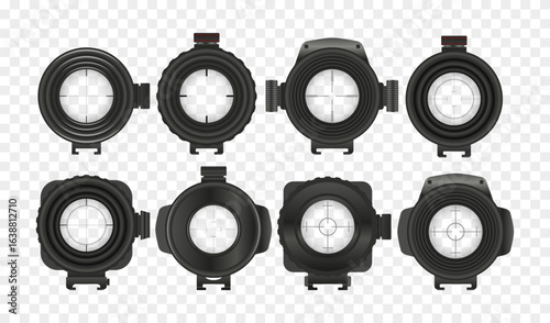 Set of realistic weapon sight, sniper rifle optical scope. Hunting gun viewfinder with crosshair. Aim, shooting mark symbol, telescopic sight, Military target sign with binoculars for ui game.