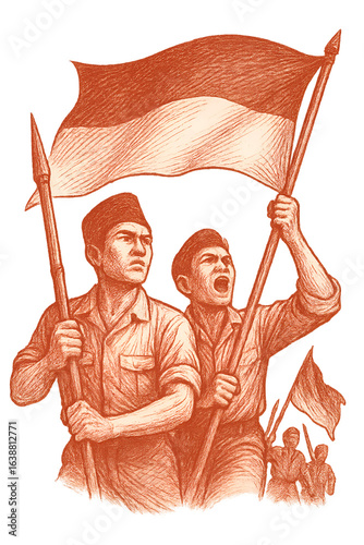Indonesian Independence Fighters Illustration Holding National Flag - Vintage Sketch Style