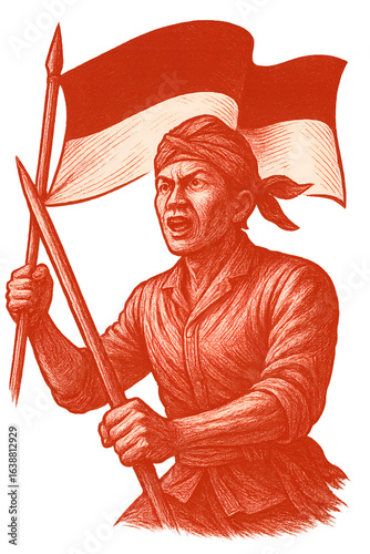 Indonesian Independence Fighter Illustration Holding National Flag - Vintage Sketch Style