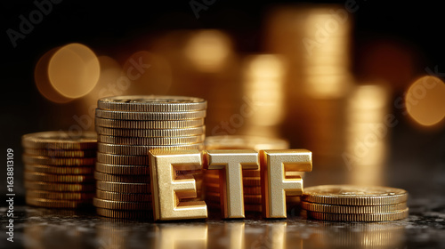 Stacks of gold coins with etf symbol glow in golden light reflecting finance and investment value