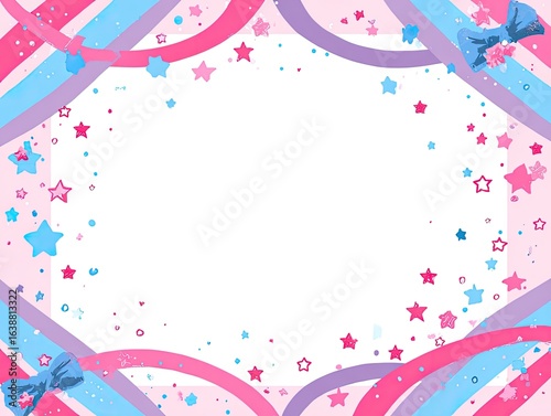 Pastel frame with ribbons, stars, and confetti