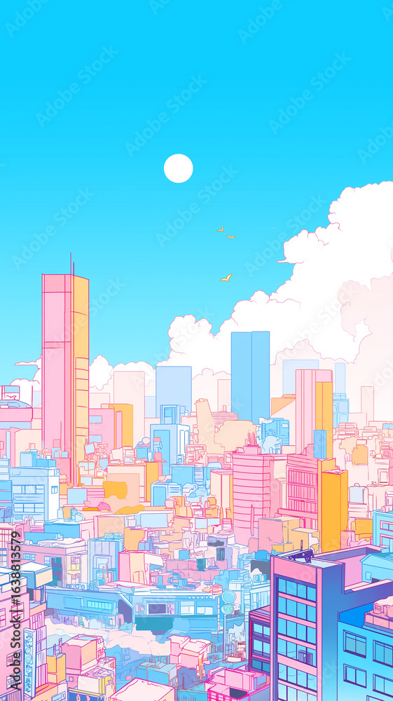 Fototapeta premium 昼間の明るい陽光を浴びて輝く日本の高層ビル群と都市の街並みを描いたイラスト。爽やかで洗練された都会の雰囲気が魅力で、商業広告、観光ガイド、SNS、壁紙、ポスター、企業サイトのビジュアルなどに適する。