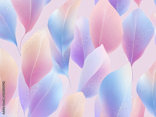 Pastel leaf pattern.  Delicate, soft-edged leaves in various shades of pastel pink, blue, and beige scattered on a light purple background