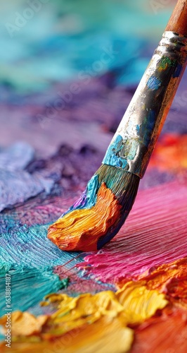 Close-up of a paintbrush dipped in vibrant oil paints, strokes on a palette