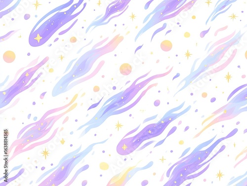 Pastel, swirling streaks and stars on white background.  Abstract, whimsical pattern