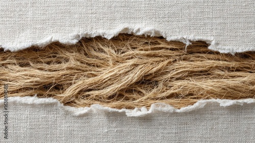 Ripped linen with torn felt concept. Close-up of frayed fabric revealing natural fiber underneath.