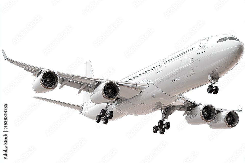 Fototapeta premium White passenger jet in flight, angled view