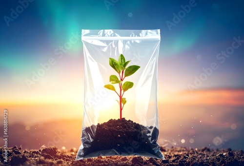 surreal illustration of a plastic bag encasing a growing plant