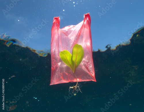 ilustrasi surealis kantong plastik yang membungkus tanaman yang sedang tumbuh