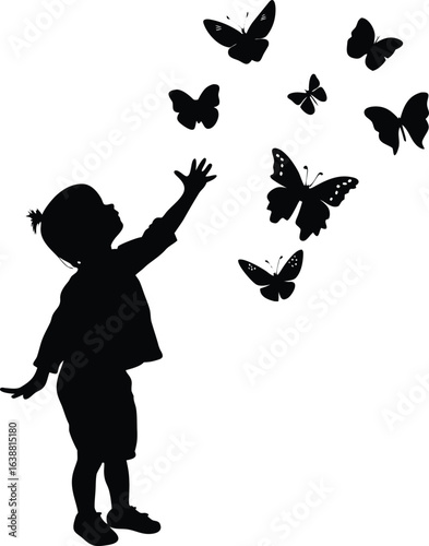 child catching butterflies on white background.eps