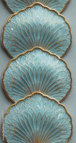Light teal plates, gold detailing, scalloped edges,  feather-like design