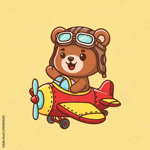 Cute pilot bear flaying airplane cute cool cartoon vector hand drawn