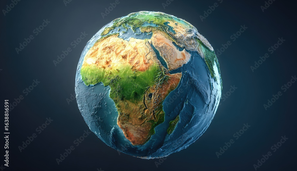 Fototapeta premium Earth globe, continents, topography, 3D render, dark background, environmental awareness