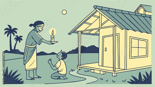 Illustration of offering candle light prayer and house blessing ritual for good luck and prosperity