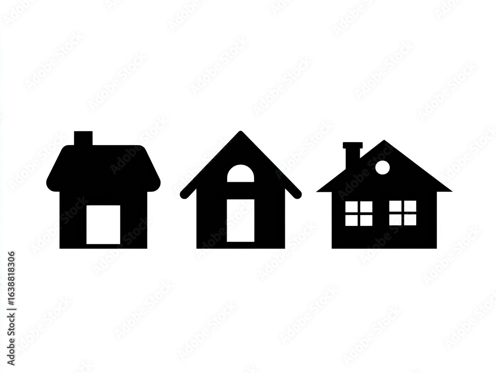 Fototapeta premium Three simple black silhouettes of houses