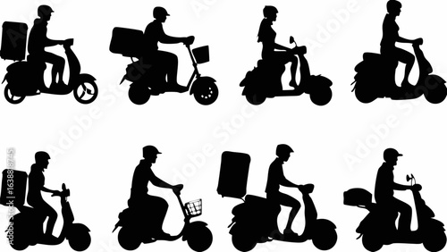 Silhouettes of people riding scooters and mopeds with delivery boxes and front baskets shown