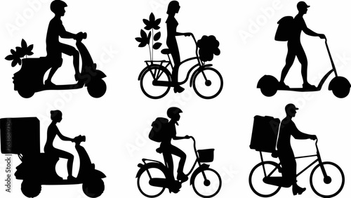 Silhouettes of people on scooters and bicycles with delivery boxes and flowers in a graphic design style
