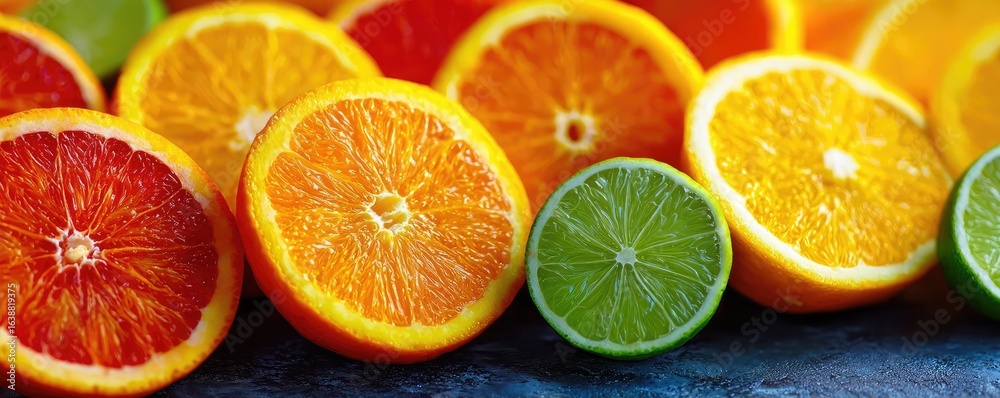 Obraz premium Citrus curve in fruit series concept. Vibrant assortment of sliced citrus fruits on a dark background.