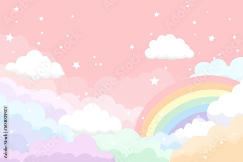 Pastel-colored sky with clouds, rainbow, and stars.  A whimsical, soft, and dreamy scene