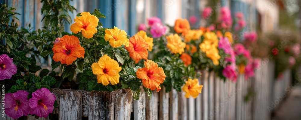 Fototapeta premium Hibiscus fence with giant planter concept. Vibrant flowers blooming along a rustic wooden fence in sunlight.