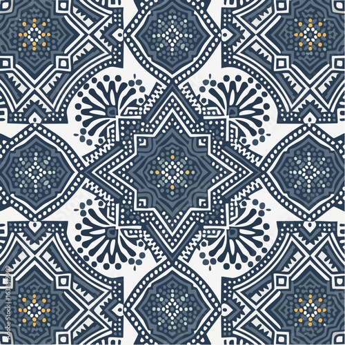 seamless moroccan tile fabric pattern in cobalt blue on white with intricate fine line details for elegant bohemian and mediterranean designs