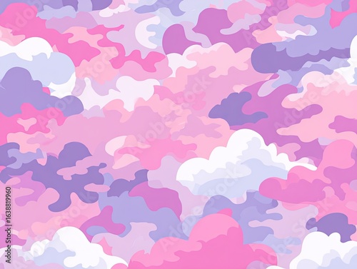 Abstract camouflage pattern of soft pink, purple, and white shapes, resembling clouds