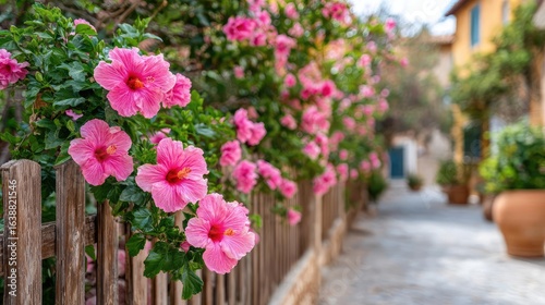 Wallpaper Mural Hibiscus fence with giant planter concept. Vibrant pink flowers line a charming cobblestone pathway. Torontodigital.ca