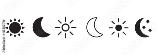 Sun and moon icon vector day and night icon set. dark and light mode icons , Screen brightness and contrast level signs and symbols for app user interface and web .