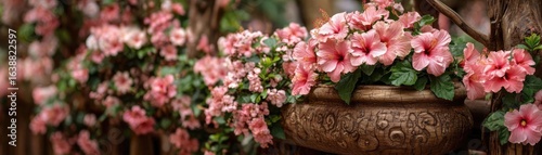 Hibiscus fence with giant planter concept. A vibrant display of pink flowers adorning a decorative pot.