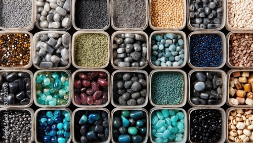 Array of small containers, each filled with various crafting materials.  Colorful beads, pebbles, and stones are meticulously organized in a grid pattern