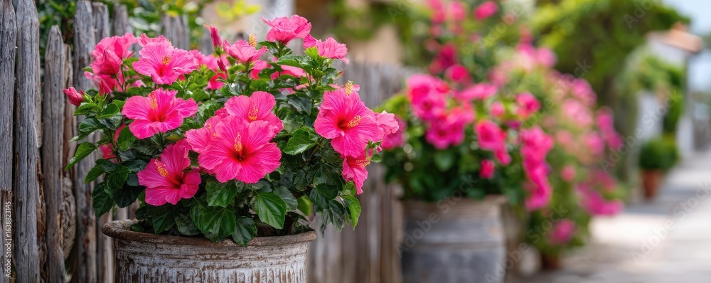 Fototapeta premium Hibiscus fence with giant planter concept. Vibrant pink flowers in pots along a charming outdoor pathway.