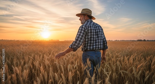 An experienced farmer surveys his vast golden wheat field bathed in the captivating sunset glow, a symbol of agricultural success and a bountiful harvest.